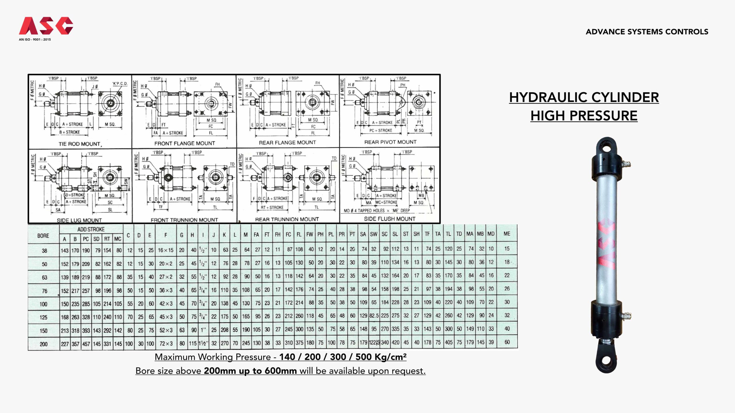 asc high pressure hydraulic cylinder